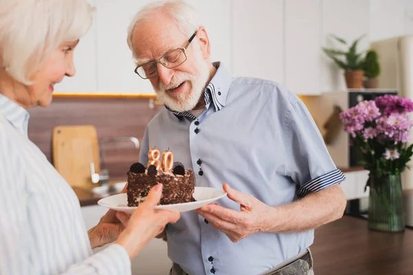 Beautiful Senior Couple Celebrating Anniversary Birthday Cake Elderly Couple Having — Stock Photo, Image