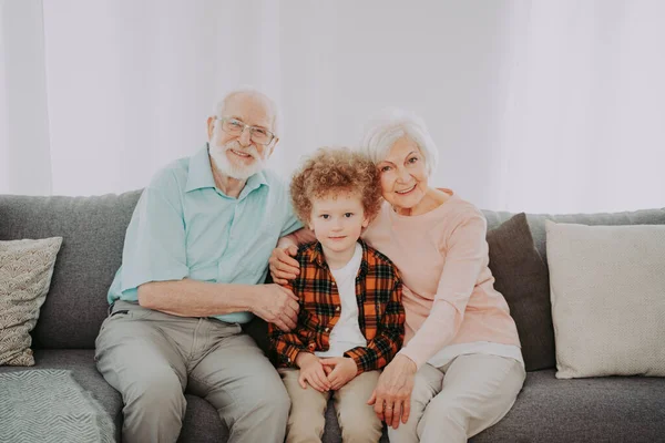 Grandparents Grandson Playing Home Family Home Grandmother Grandfather Taking Care — Stock Photo, Image