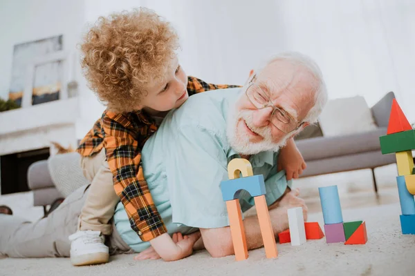 Grandparents Grandson Playing Home Family Home Grandfather Taking Care Nephew — Stock Photo, Image