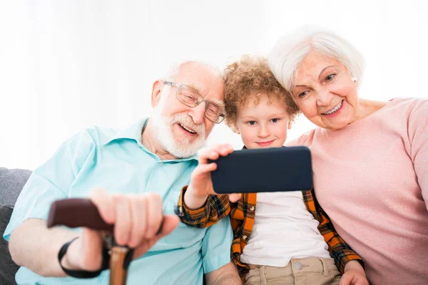 Grandparents Grandson Playing Home Family Home Grandmother Grandfather Taking Care — Stock Photo, Image