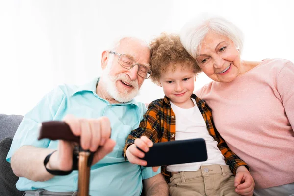 Grandparents Grandson Playing Home Family Home Grandmother Grandfather Taking Care — Stock Photo, Image