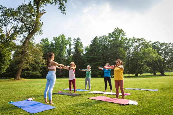 Multiethnische Seniorengruppe Trainiert Park Mit Fitnesstrainerin Aktive Senioren Treiben Sport — Stockfoto