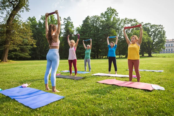 Multiethnische Seniorengruppe Trainiert Park Mit Fitnesstrainerin Aktive Senioren Treiben Sport — Stockfoto