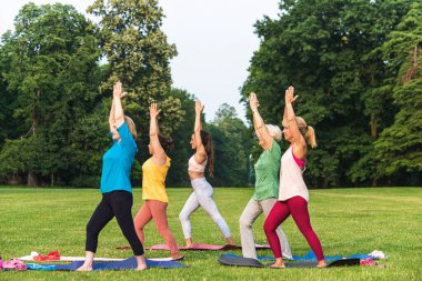 Parkta fitness eğitmeniyle eğitim gören çok ırklı yaşlı kadınlar grubu - aktif yaşlılar spor yapıyor.