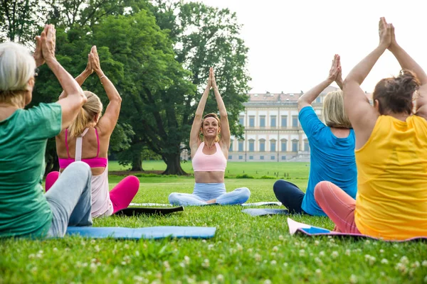 Wieloetniczna Grupa Starszych Kobiet Trenująca Parku Instruktorem Fitness Aktywne Osoby — Zdjęcie stockowe