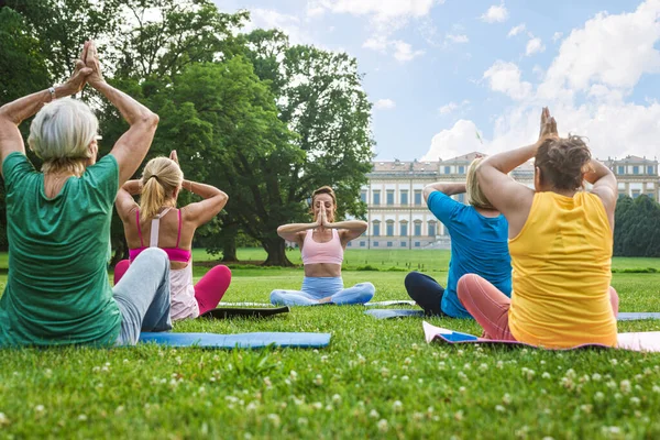 Multiethnische Seniorengruppe Trainiert Park Mit Fitnesstrainerin Aktive Senioren Treiben Sport — Stockfoto