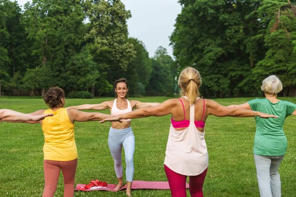 Мультиэтническая Группа Женщин Старшего Возраста Тренируется Парке Инструктором Фитнесу Активные — стоковое фото
