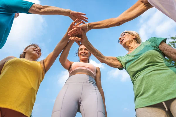 stock image Multiethnic group of senior women training at park with fitness instructor - Active elderly people doing sport in the nature