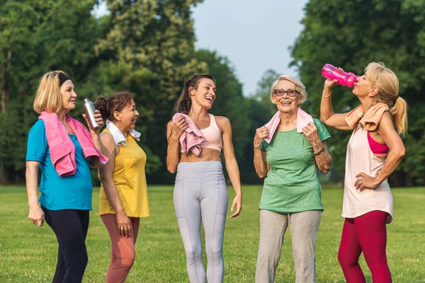 Multietnisk Grupp Äldre Kvinnor Utbildning Parken Med Fitness Instruktör Aktiva — Stockfoto