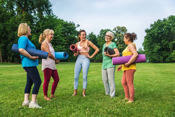 Parkta Fitness Eğitmeniyle Eğitim Gören Çok Irklı Yaşlı Kadınlar Grubu — Stok fotoğraf