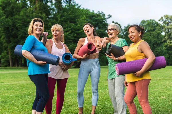 Grupo Multiétnico Mujeres Mayores Entrenando Parque Con Instructor Fitness Personas —  Fotos de Stock