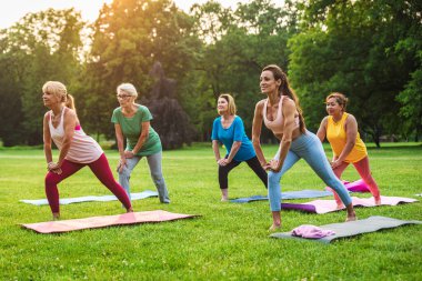 Parkta fitness eğitmeniyle eğitim gören çok ırklı yaşlı kadınlar grubu - aktif yaşlılar spor yapıyor.