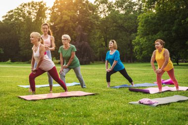 Parkta fitness eğitmeniyle eğitim gören çok ırklı yaşlı kadınlar grubu - aktif yaşlılar spor yapıyor.