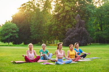 Parkta fitness eğitmeniyle eğitim gören çok ırklı yaşlı kadınlar grubu - aktif yaşlılar spor yapıyor.