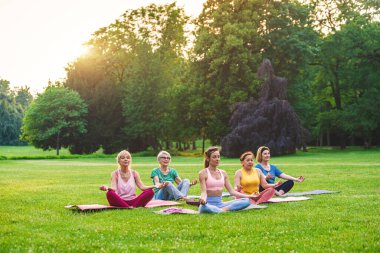 Parkta fitness eğitmeniyle eğitim gören çok ırklı yaşlı kadınlar grubu - aktif yaşlılar spor yapıyor.