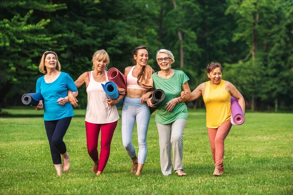 Multi Etnische Groep Van Senioren Training Het Park Met Fitness — Stockfoto