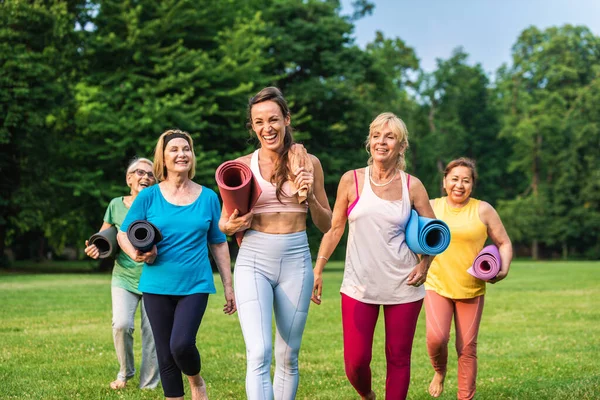 Wieloetniczna Grupa Starszych Kobiet Trenująca Parku Instruktorem Fitness Aktywne Osoby — Zdjęcie stockowe