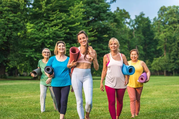 Wieloetniczna Grupa Starszych Kobiet Trenująca Parku Instruktorem Fitness Aktywne Osoby — Zdjęcie stockowe