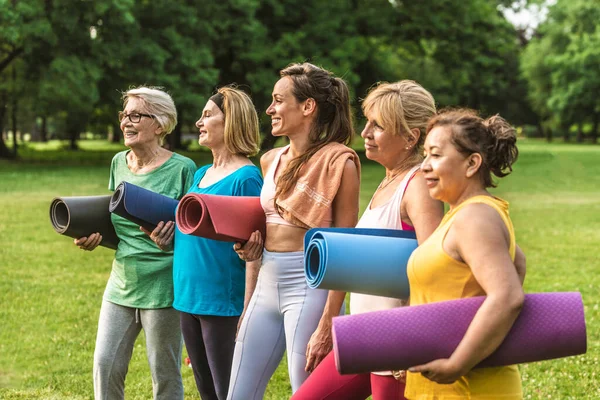 Multietnisk Grupp Äldre Kvinnor Utbildning Parken Med Fitness Instruktör Aktiva — Stockfoto