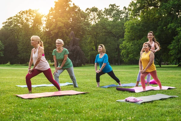 Wieloetniczna Grupa Starszych Kobiet Trenująca Parku Instruktorem Fitness Aktywne Osoby — Zdjęcie stockowe