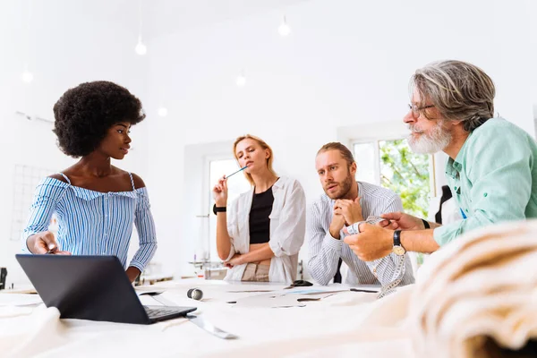 Multiethnic Team Fashion Designers Working Clothing Start Workshop Multiracial Group — Stock Photo, Image