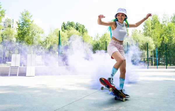 Skaters Colored Smoke Bombs Professional Skateboarders Having Fun Skate Park — Stock Photo, Image