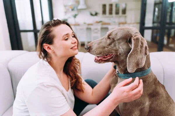 Lifestyle Moments Young Woman Home Woman Playing Her Dog Living — Stock Photo, Image