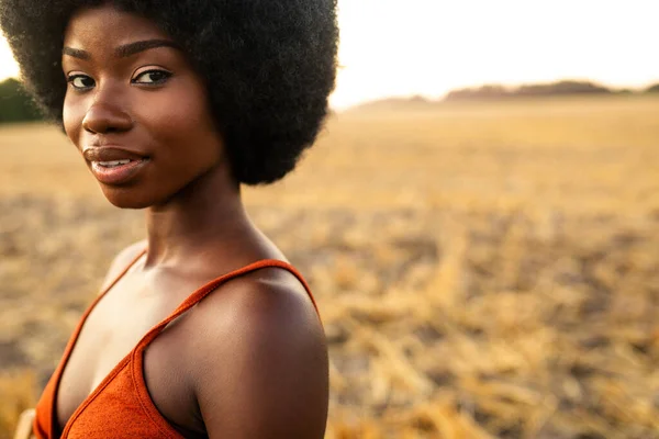Belle Femme Afro Américaine Avec Des Cheveux Frisés Style Afro — Photo