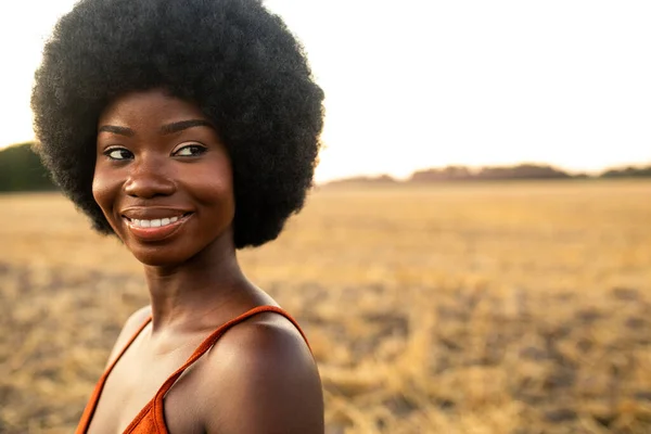 Hermosa Mujer Afro Americana Con Cabello Rizado Afro Campo Girasoles — Foto de Stock