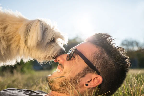 Cooler Hund spielt mit seinem Herrchen — Stockfoto