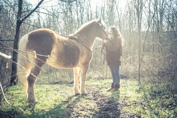 Vrouw strelen paard — Stockfoto