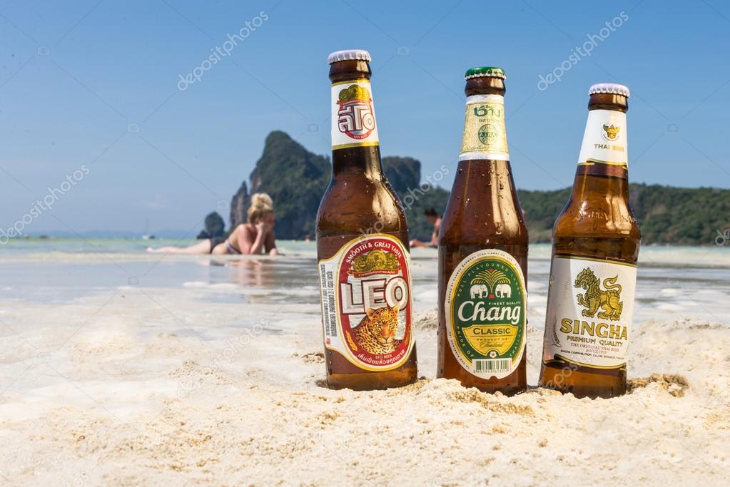 PHI PHI ISLAND,THAILAND - FEBRUARY 27,2015: Chang,Singha and Leo beer are the most famous beer and produced by Asia's largest beverage companies