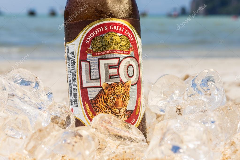 PHI PHI ISLAND,THAILAND - FEBRUARY 27,2015: Leo beer on the beach.Leo beer created by boon rawd brewery co.,ltd in Thailand