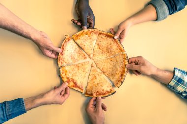 Friends taking a slice of pizza clipart