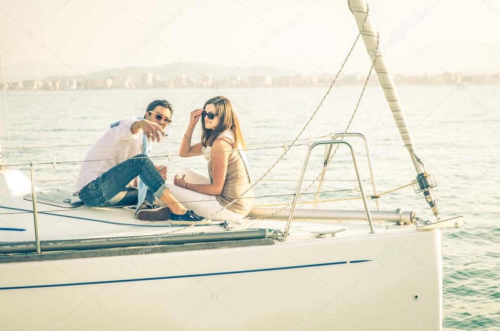 couple taking selfie on the boat