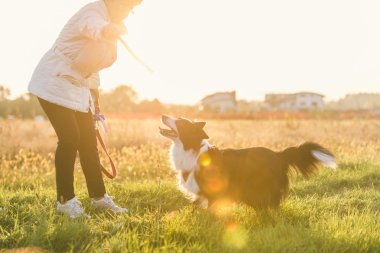 Orta yaş kadın onun kenar kömür ocağı köpekle oynamayı
