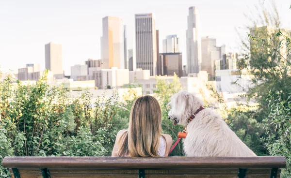 Kvinna sitter med sin hund — Stockfoto