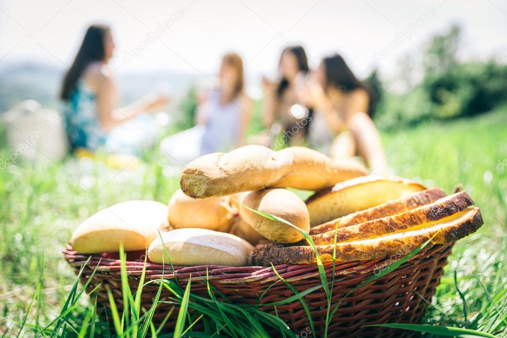 Group of girls making picnic outdoor 
