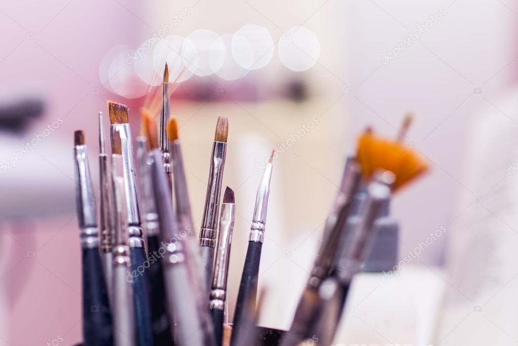 Paintbrushes in a beautician salon