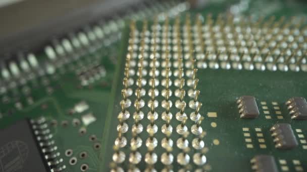 Microprocesador de CPU en super macro shot. Muchos conectores, chip, núcleos de procesador en el disco duro con placa madre verde. Concepto electrónico. Piezas y reparación de computadoras. — Vídeos de Stock