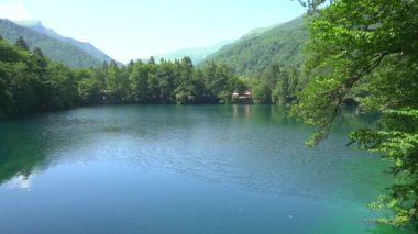 Kristal berrak suyu olan güzel mavi bir göl. Çarpıcı bir manzara. Yeşil bir ormanın ortasında bir göl. Ağaçların arkasındaki yüksek dağlar. Yavaş yatay panorama. Su yüzeyindeki küçük dalgalar.