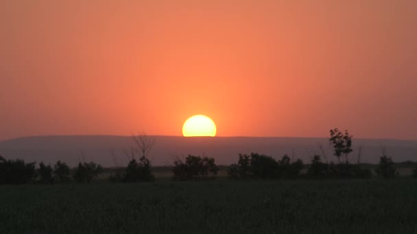 Krásný jasný velký východ slunce Velký červený Hot Sun v teplém vzduchu zkreslení nad horizontem Bezešvé. Červená obloha, žluté slunce a nádherný výhled do údolí. Letní přímořská pláň — Stock video
