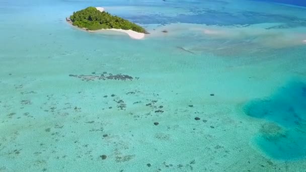 Unbewohnte Inseln auf den Malediven. Eine blaue Lagune mit kristallklarem Wasser. Ein beliebtes Ziel für Touristen. Ein erholsamer Urlaub im Paradies. Grüne Palmen auf der Insel. Drohnenschuss aus der Luft — Stockvideo