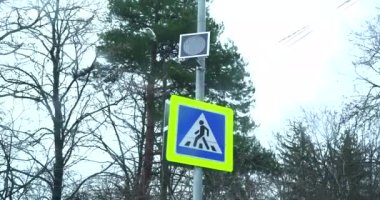 Ormanın yakınında yanıp sönen trafik ışığı. Tramvay, yaz aylarında gece gökyüzünün arka planında yeşil ışığın yandığı karşı ışık kavşağında ilerliyor.