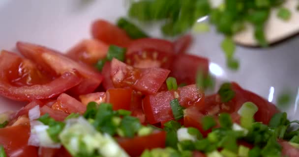 As cebolas verdes são adicionadas à salada com tomates e pepinos. Salada de verão. Salada ligeira. dieta. Vídeo 4K — Vídeo de Stock