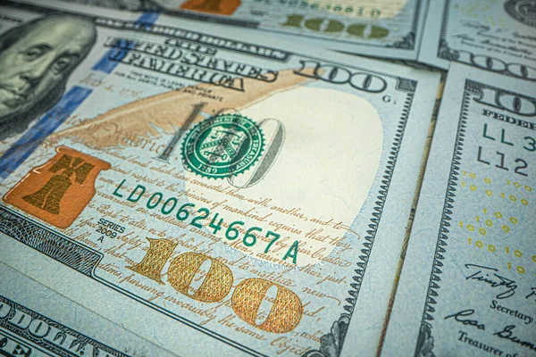 One hundred dollars pile as background. Macro shot of USA dollar. Value — Stock Photo, Image