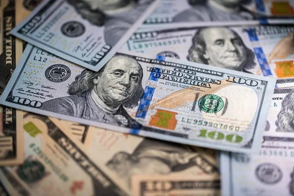 Benjamin Franklin. Macro shot. Qualitative portrait from 100 dollars banknote. Close up shot — Stock Photo, Image