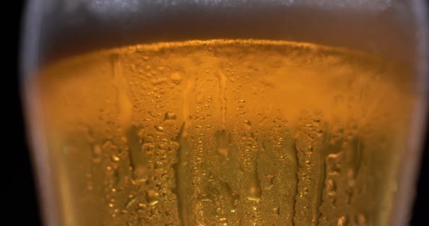 Bellen stijgen op in een glas fris koud bier — Stockvideo