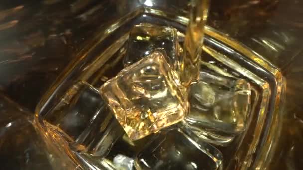 Pouring Whiskey into Glass form top view. Macro shot. Alcohol. Ice in the glass. whiskey. Barmen pouring. — Stock Video