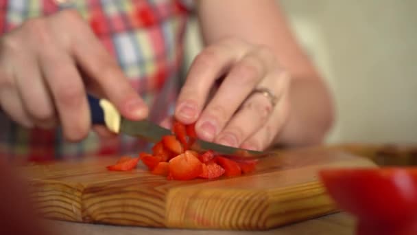 Flicka skär tomat för sallad med vass kniv. Hankock tillagar sallad i köket hemma. Matlagning en läcker Mealat hemkök. Beredning av ingredienser. Hälsosam mat varje dag. Vegansk mat. — Stockvideo